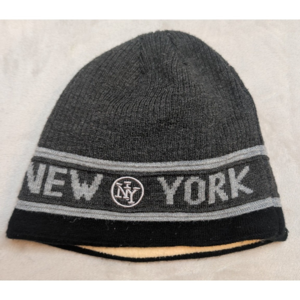 New York Knit Beanie Hat Fleece Lined Gray Black Winter Cap‎ One Size
